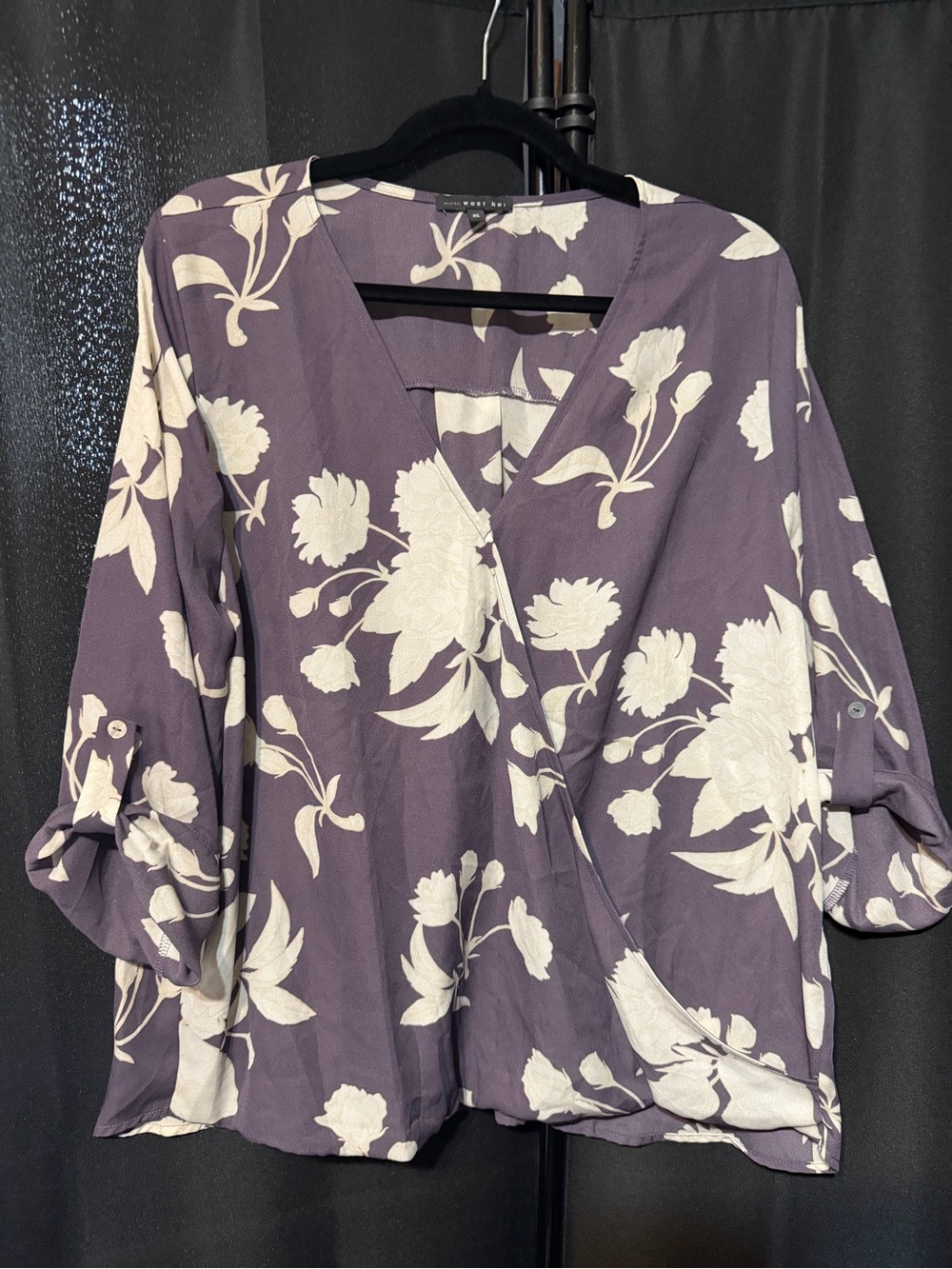 West Kei Purple Floral Wrap Blouse with White Print